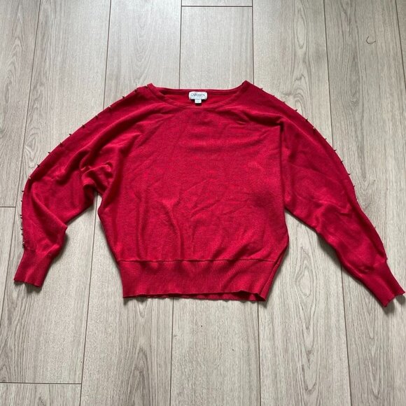 Carmen Marc Valvo Red Knit Top Gold Beaded Long Sleeves Pullover Large - Picture 1 of 8